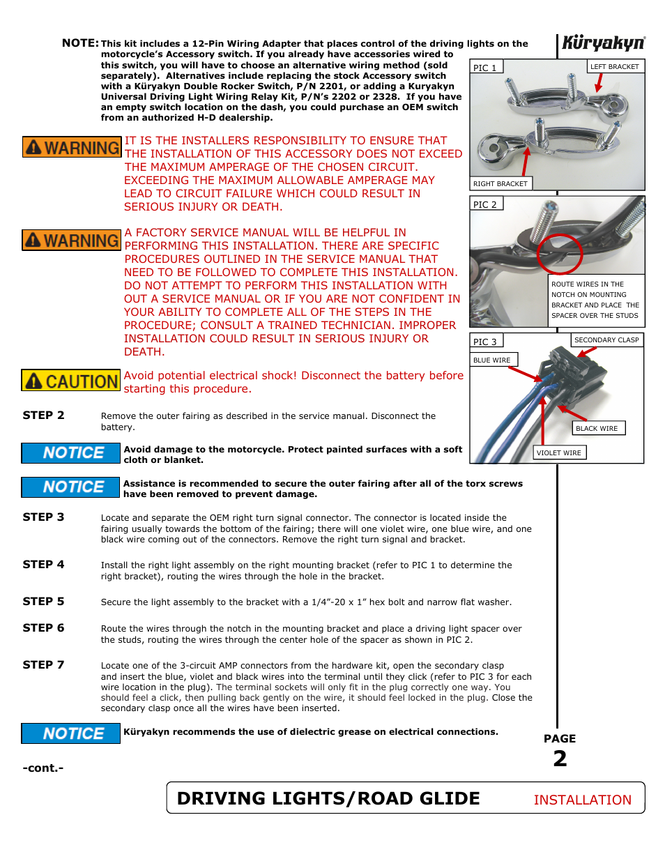 Driving lights/road glide, Installation | Kuryakyn 5007 DRIVING LIGHTS FOR ROAD GLIDE User Manual | Page 2 / 4