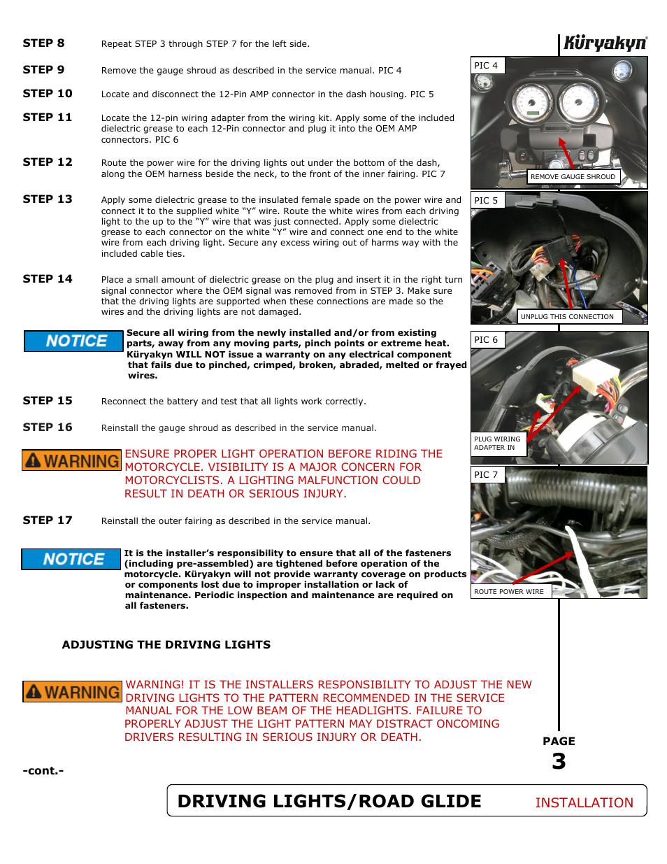 Driving lights/road glide, Installation | Kuryakyn 5052 DRIVING LIGHTS FOR ROAD GLIDE User Manual | Page 3 / 4
