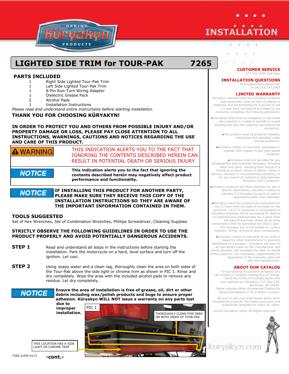 Kuryakyn 7265 LIGHTED SIDE TRIM for TOUR-PAK User Manual | 2 pages