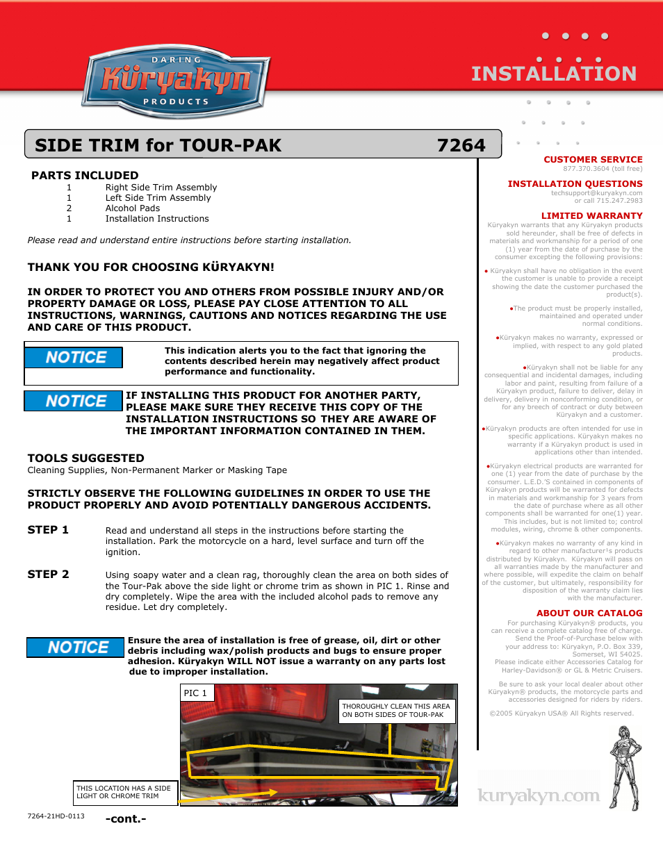 Kuryakyn 7264 SIDE TRIM for TOUR-PAK User Manual | 2 pages