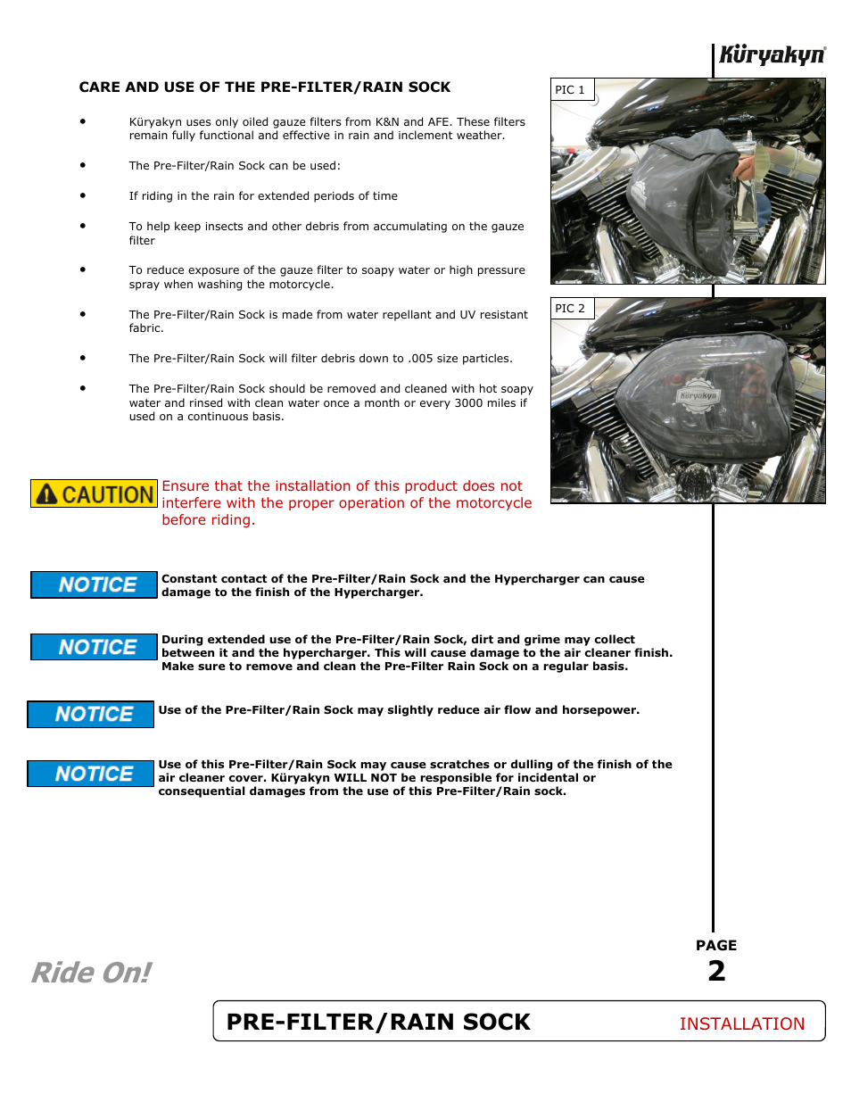 Ride on, Pre-filter/rain sock, Installation | Kuryakyn 8443 PRE-FILTER/RAIN SOCK User Manual | Page 2 / 2