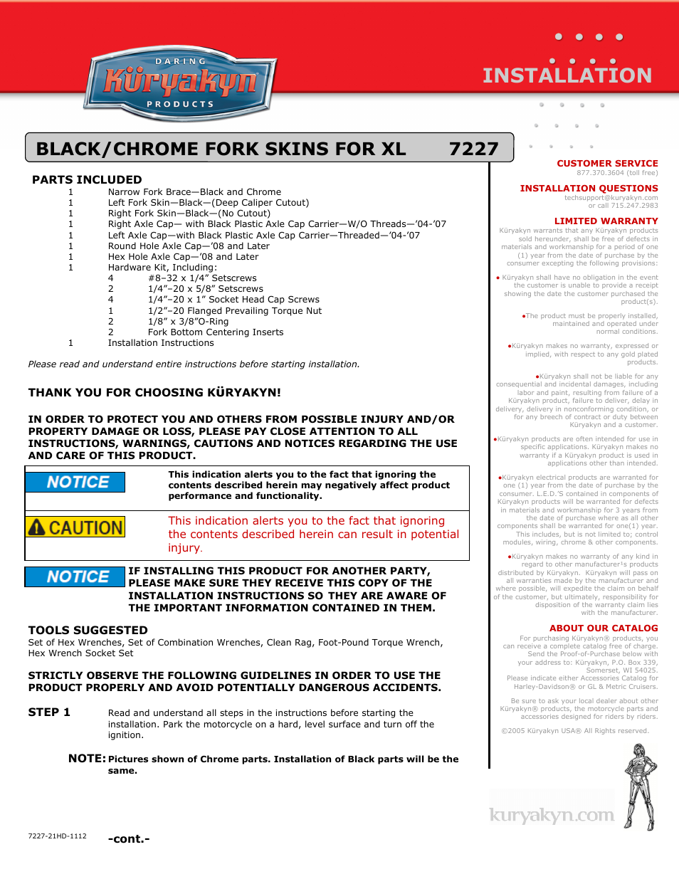 Kuryakyn 7227 BLACK/CHROME FORK SKINS FOR XL User Manual | 2 pages