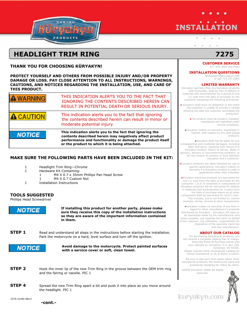 Kuryakyn 7275 HEADLIGHT TRIM RING User Manual | 2 pages