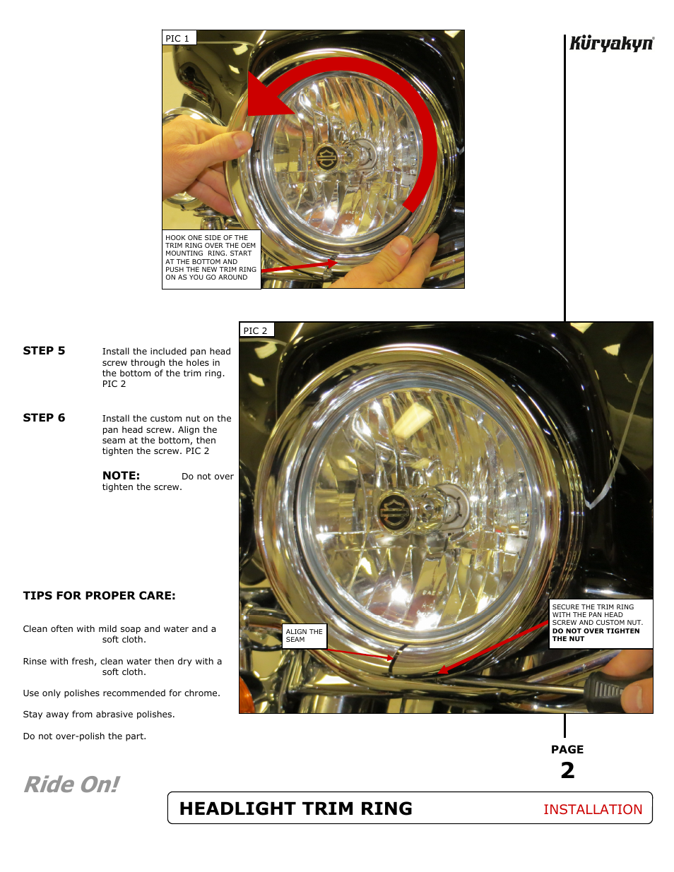 Ride on, Headlight trim ring, Installation | Kuryakyn 7275 HEADLIGHT TRIM RING User Manual | Page 2 / 2