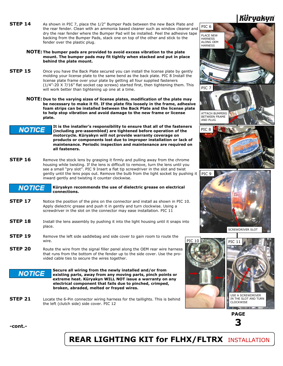 Rear lighting kit for flhx/fltrx, Installation | Kuryakyn 5415 REAR LIGHTING KIT for FLHX/FLTRX User Manual | Page 3 / 4