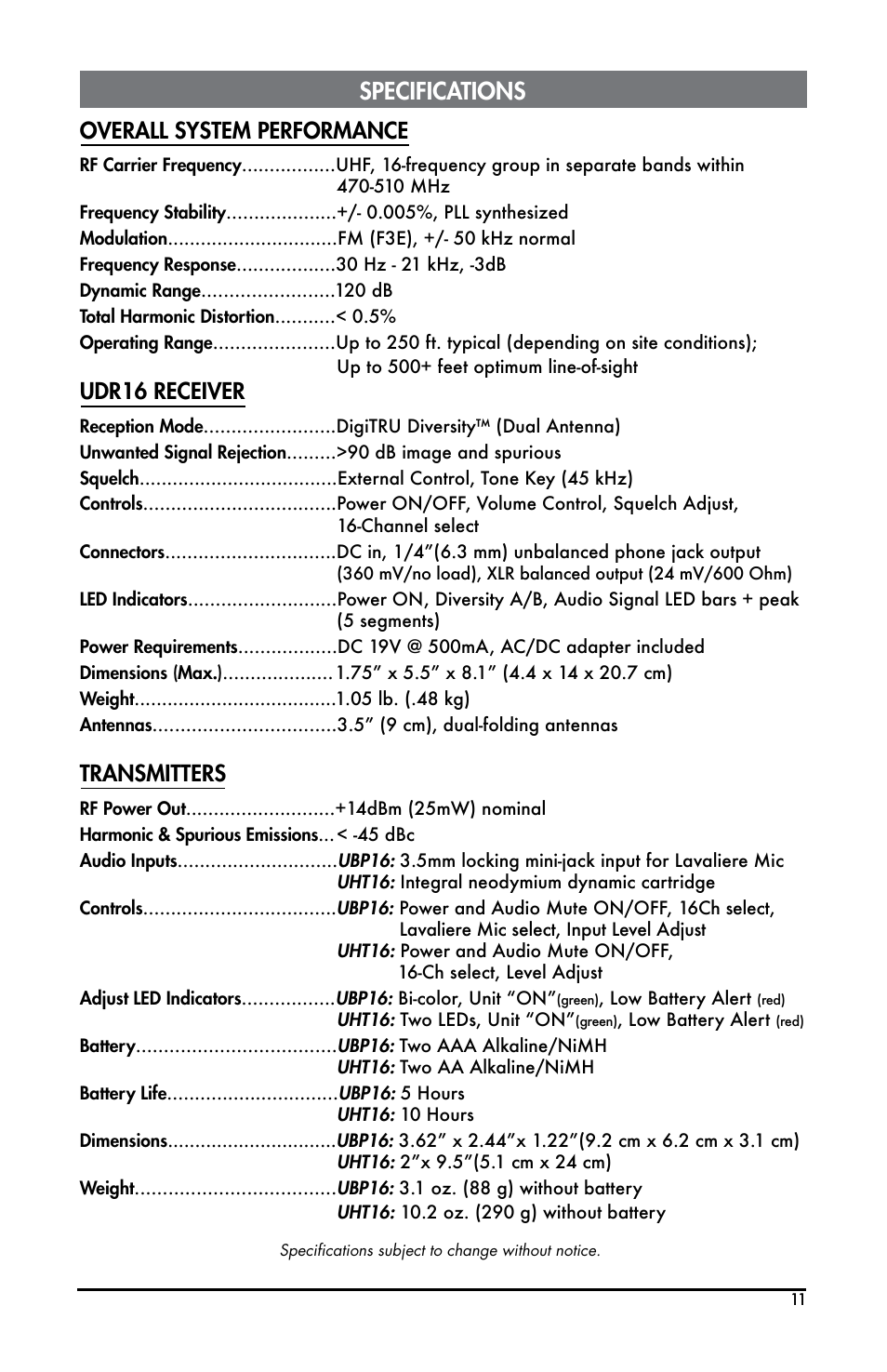 Specifications, Overall.system.performance, Udr16.receiver | Transmitters | Bogen UDMS16BP User Manual | Page 11 / 12