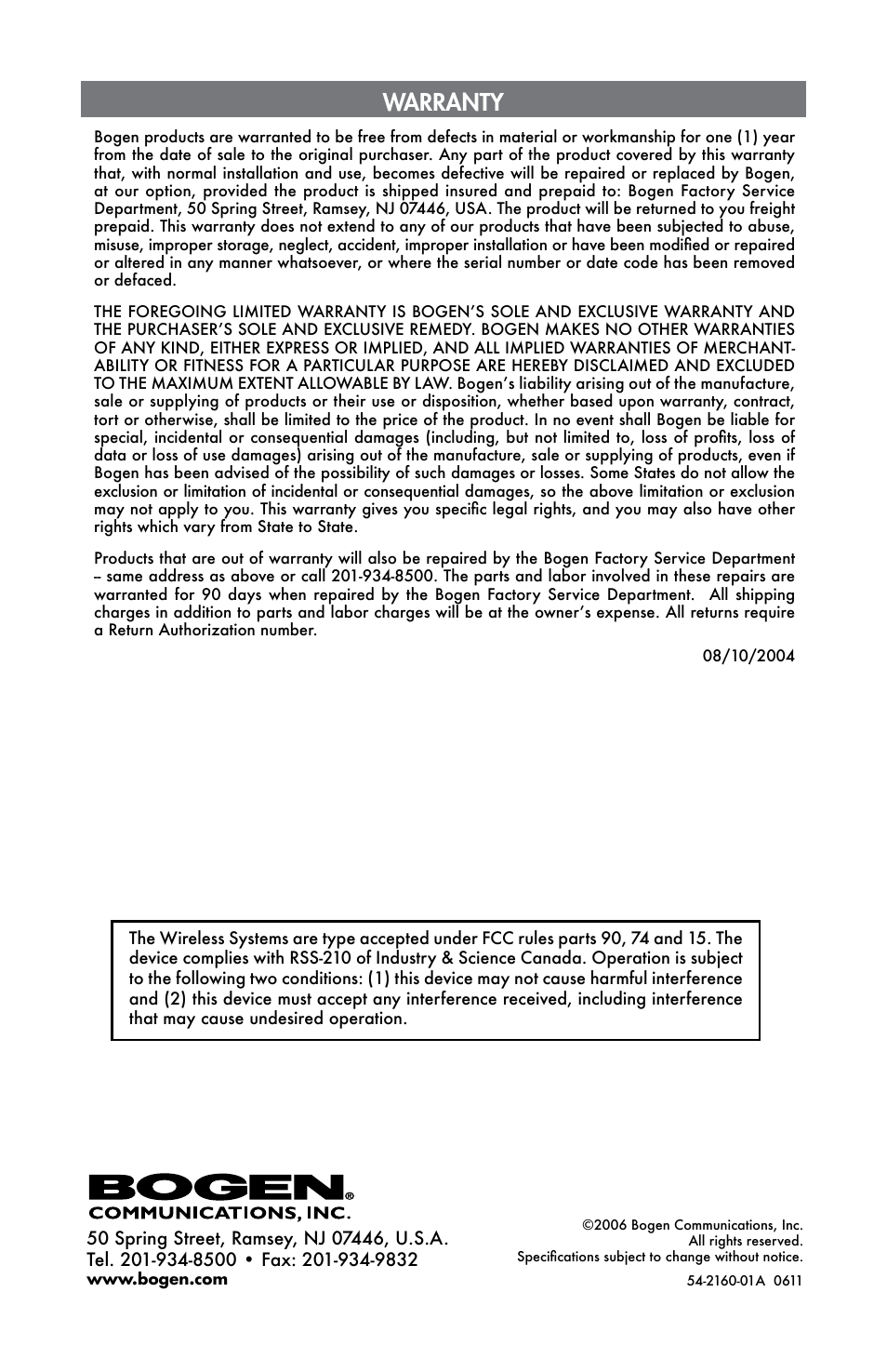 Instruction manual, Warranty | Bogen UDMS16BP User Manual | Page 12 / 12