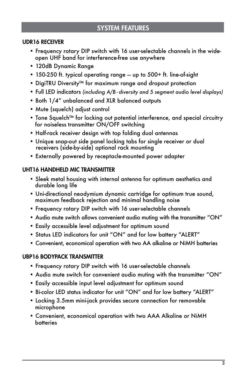 System.features | Bogen UDMS16BP User Manual | Page 3 / 12