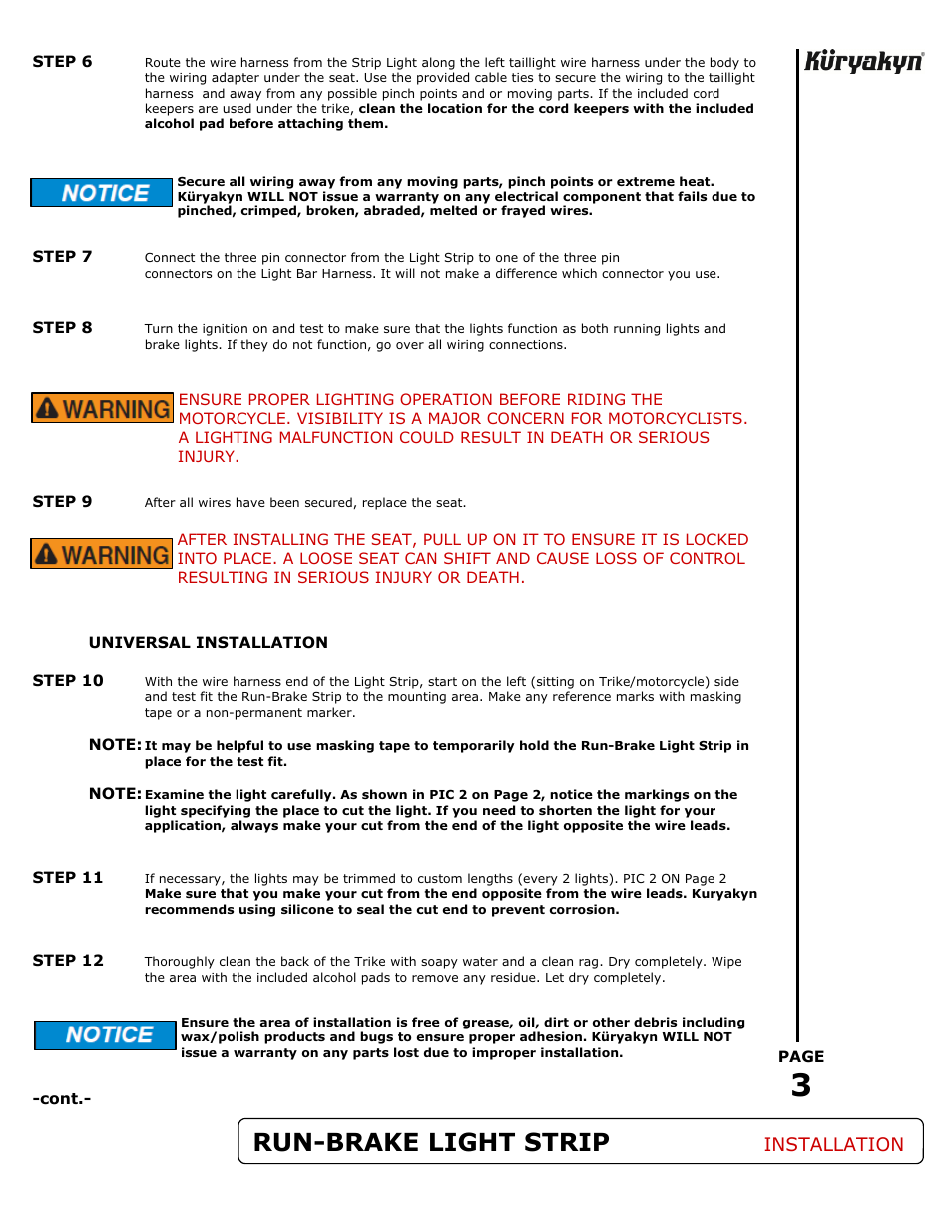 Run-brake light strip, Installation | Kuryakyn 5051 L.E.D. RUN-BRAKE STRIP for TRIKES User Manual | Page 3 / 4