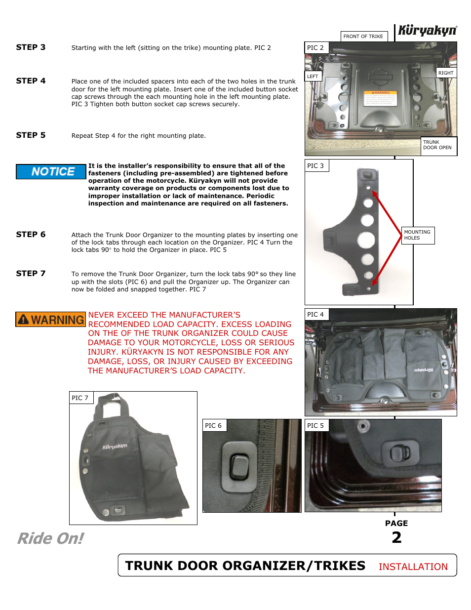 Ride on, Trunk door organizer/trikes, Installation | Kuryakyn 5260 TRUNK DOOR ORGANIZER User Manual | Page 2 / 2