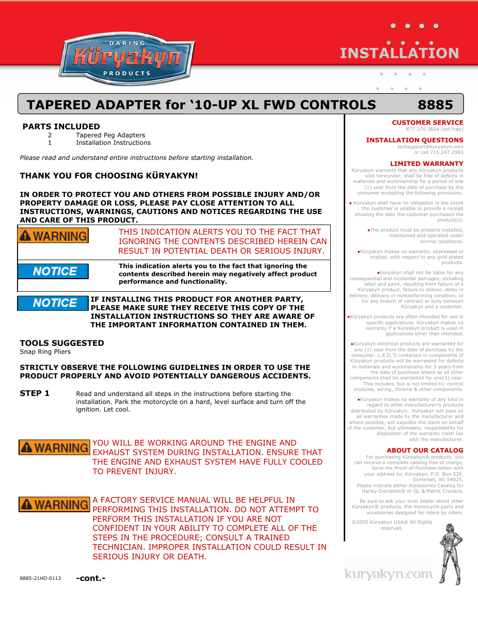 Kuryakyn 8885 TAPERED ADAPTER for 10-UP XL FWD CONTROLS User Manual | 3 pages