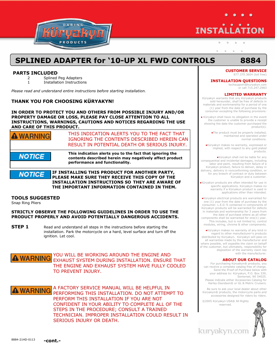 Kuryakyn 8884 SPLINED ADAPTER for 10-UP XL FWD CONTROLS User Manual | 2 pages