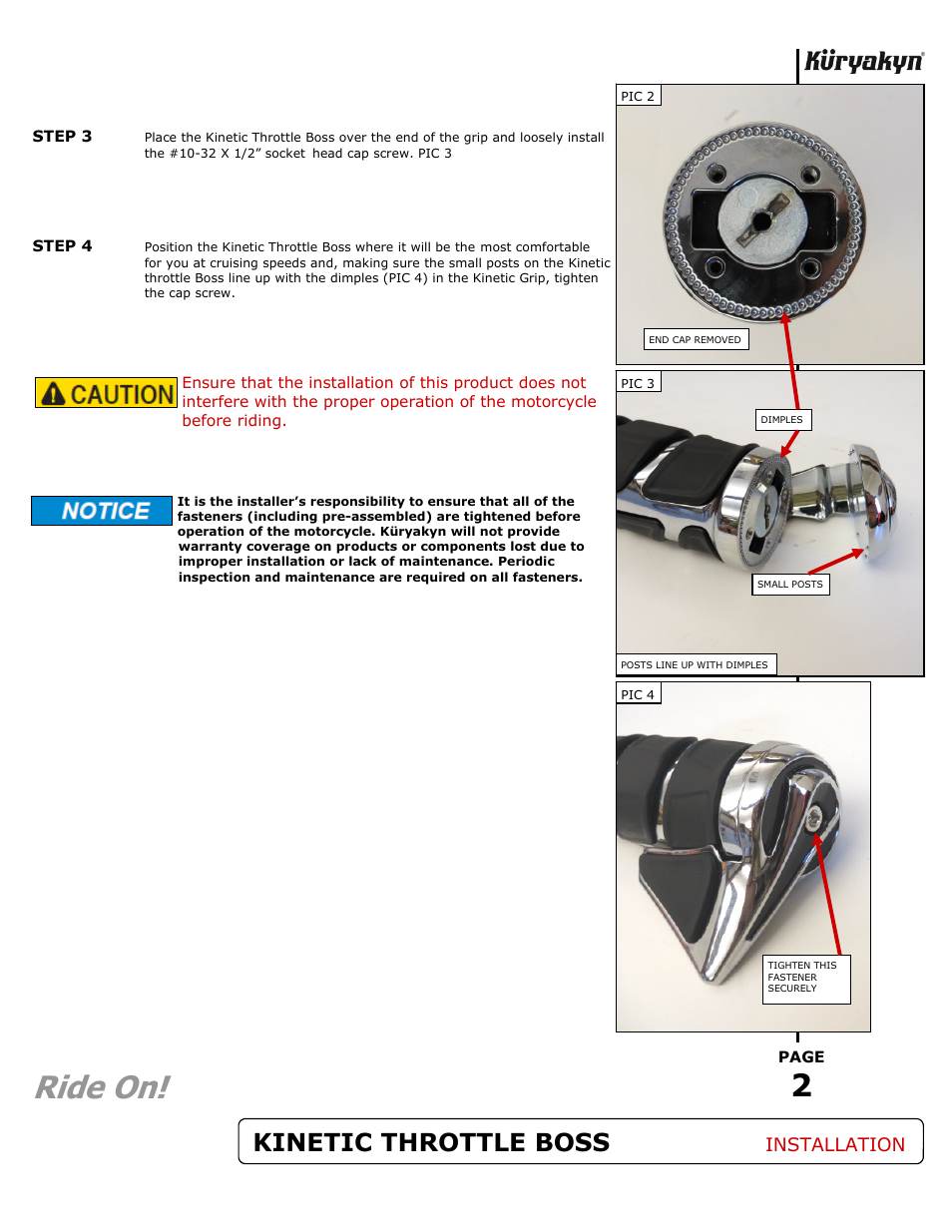 Ride on, Kinetic throttle boss, Installation | Kuryakyn 6355 KINETIC THROTTLE BOSS User Manual | Page 2 / 2