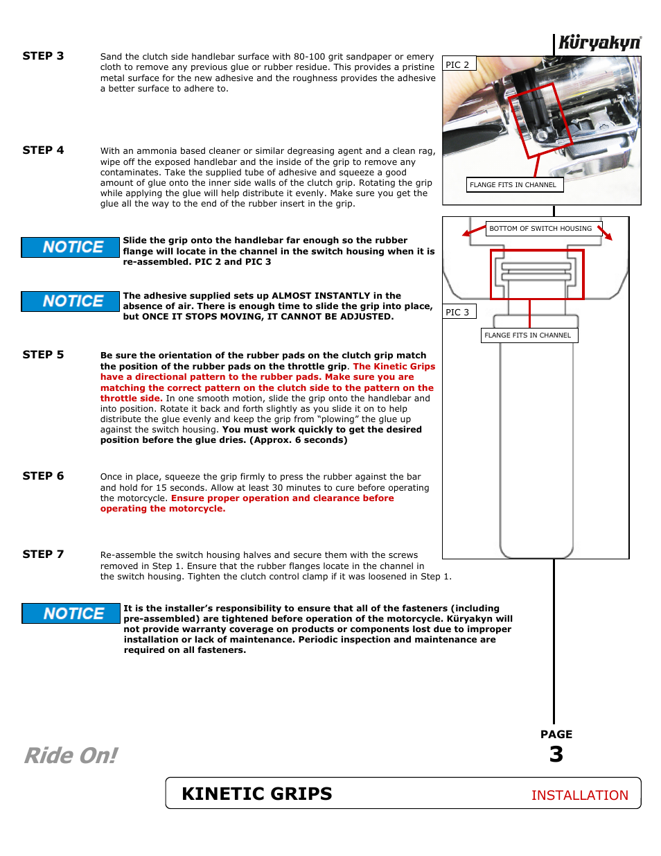 Ride on, Kinetic grips, Installation | Kuryakyn 6352 KINETIC GRIPS User Manual | Page 3 / 3
