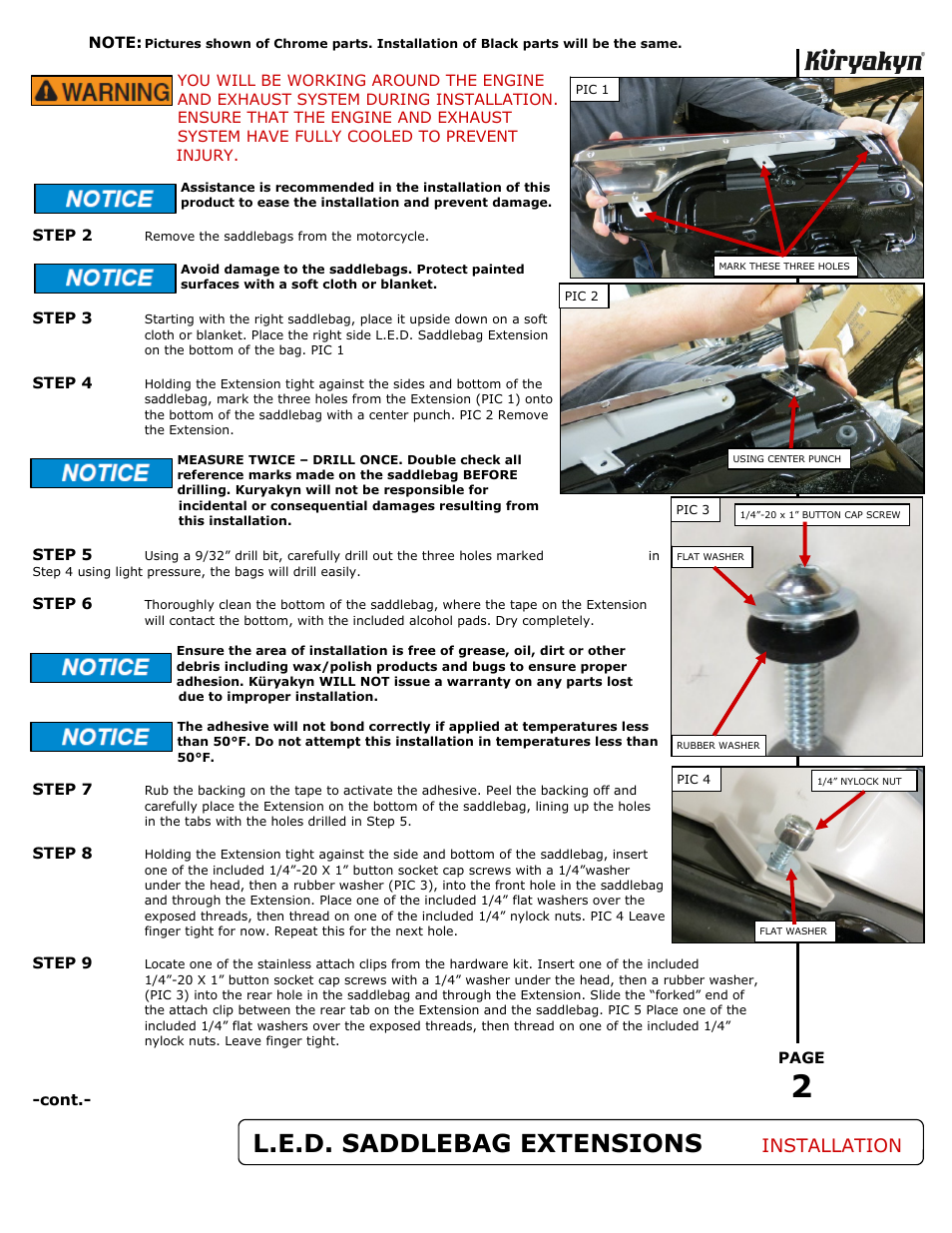 L.e.d. saddlebag extensions, Installation | Kuryakyn 7273 L.E.D. SADDLEBAG EXTENSIONS User Manual | Page 2 / 5