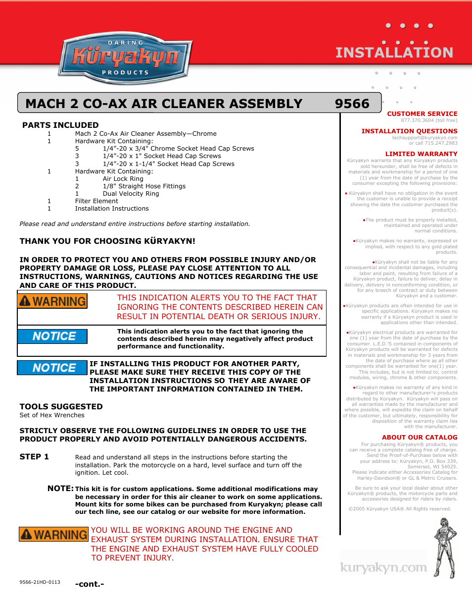 Kuryakyn 9566 MACH 2 CO-AX AIR CLEANER ASSEMBLY User Manual | 2 pages