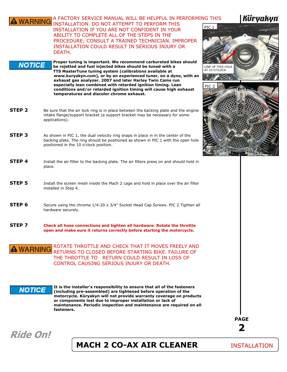 Ride on, Mach 2 co-ax air cleaner, Installation | Kuryakyn 9566 MACH 2 CO-AX AIR CLEANER ASSEMBLY User Manual | Page 2 / 2