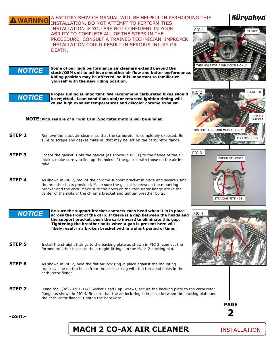 Mach 2 co-ax air cleaner, Installation | Kuryakyn 9567 MACH 2 CO-AX AIR CLEANER KIT User Manual | Page 2 / 3