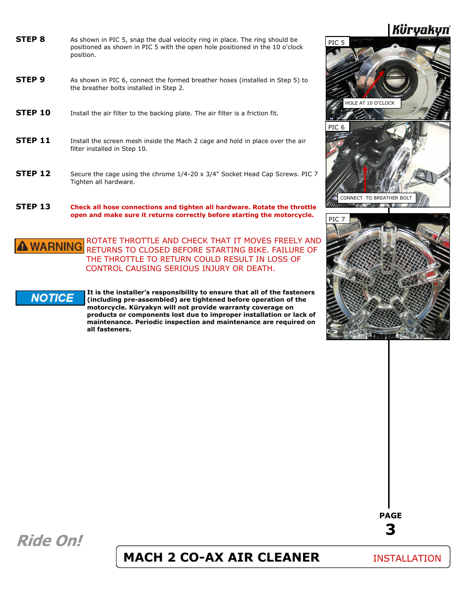 Ride on, Mach 2 co-ax air cleaner, Installation | Kuryakyn 9567 MACH 2 CO-AX AIR CLEANER KIT User Manual | Page 3 / 3