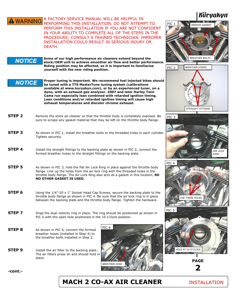 Mach 2 co-ax air cleaner, Installation | Kuryakyn 9568 MACH 2 CO-AX AIR CLEANER KIT User Manual | Page 2 / 3