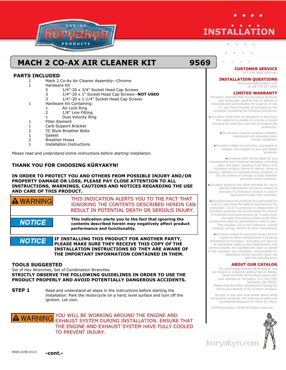 Kuryakyn 9569 MACH 2 CO-AX AIR CLEANER KIT User Manual | 3 pages