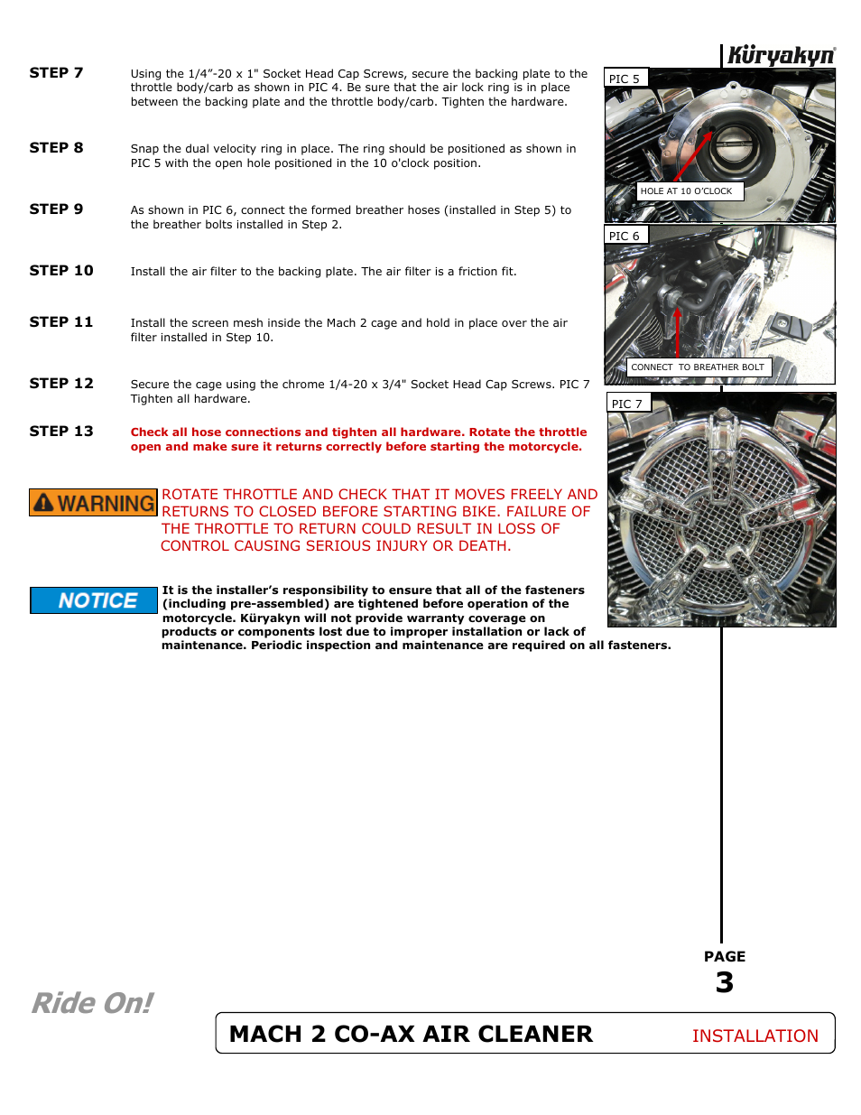 Ride on, Mach 2 co-ax air cleaner, Installation | Kuryakyn 9570 MACH 2 CO-AX AIR CLEANER KIT User Manual | Page 3 / 3