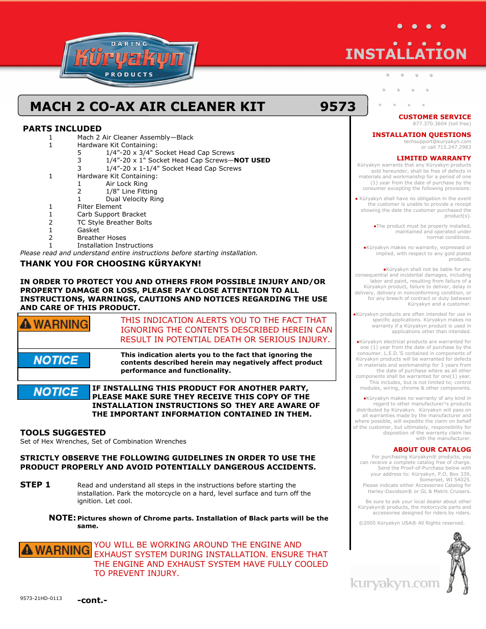 Kuryakyn 9573 MACH 2 CO-AX AIR CLEANER KIT User Manual | 3 pages