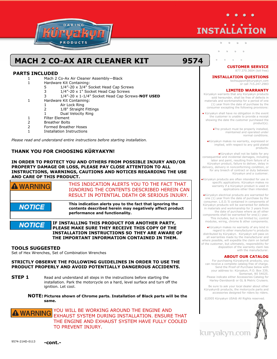 Kuryakyn 9574 MACH 2 CO-AX AIR CLEANER KIT User Manual | 3 pages