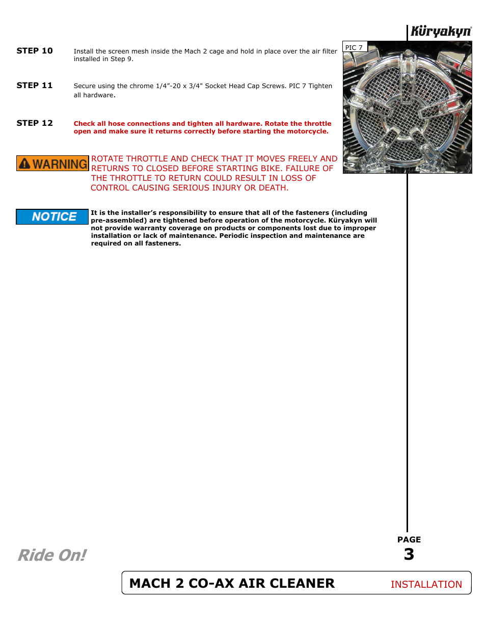 Ride on, Mach 2 co-ax air cleaner, Installation | Kuryakyn 9574 MACH 2 CO-AX AIR CLEANER KIT User Manual | Page 3 / 3