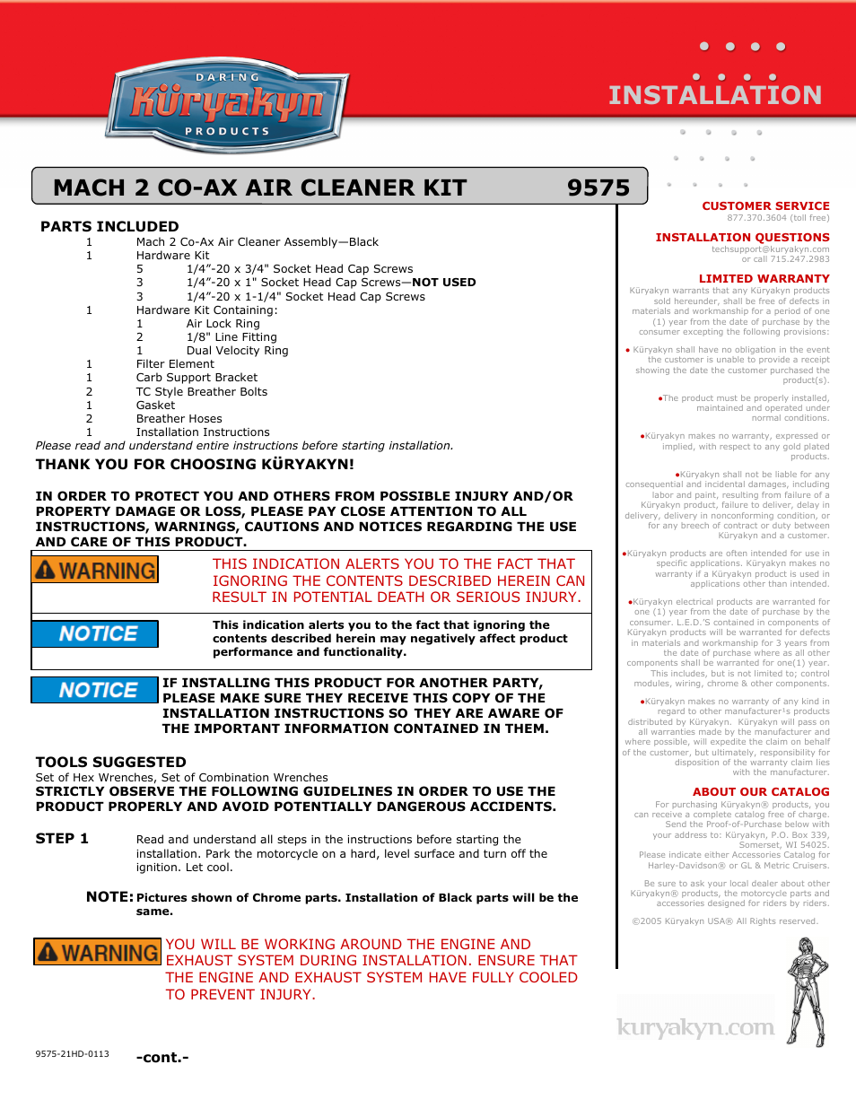 Kuryakyn 9575 MACH 2 CO-AX AIR CLEANER KIT User Manual | 3 pages