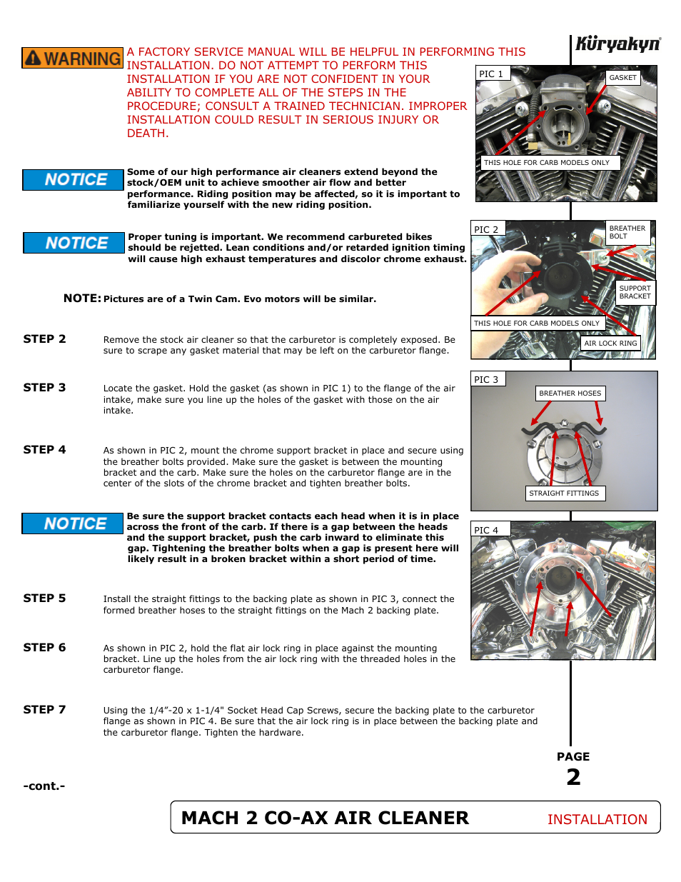 Mach 2 co-ax air cleaner, Installation | Kuryakyn 9575 MACH 2 CO-AX AIR CLEANER KIT User Manual | Page 2 / 3