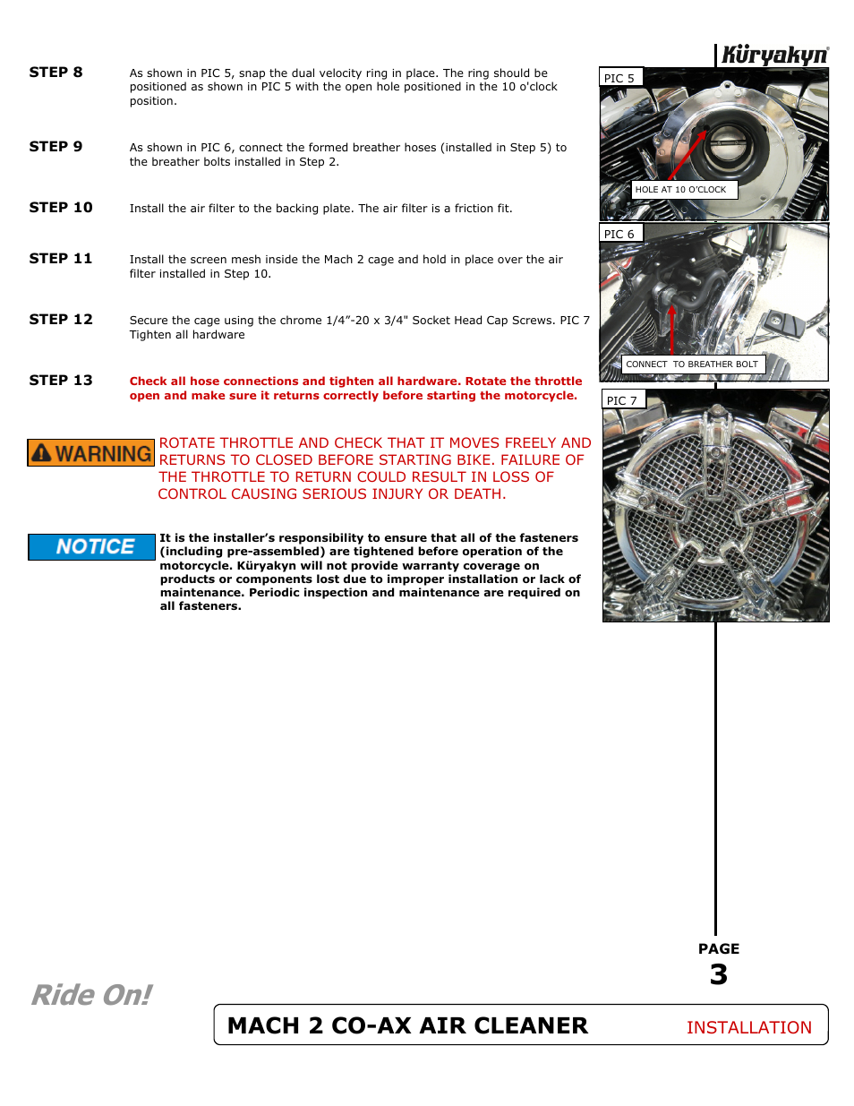 Ride on, Mach 2 co-ax air cleaner, Installation | Kuryakyn 9575 MACH 2 CO-AX AIR CLEANER KIT User Manual | Page 3 / 3