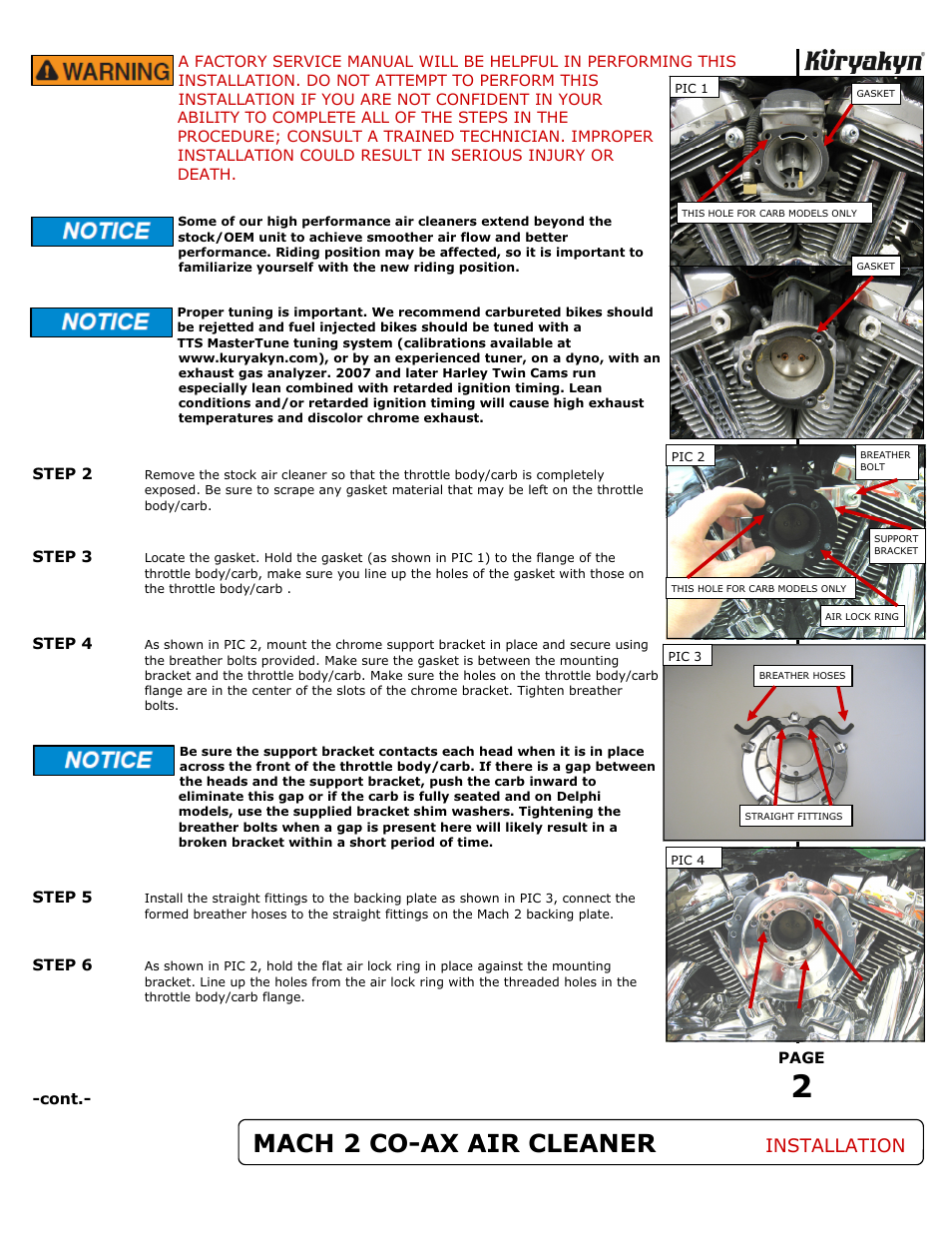 Mach 2 co-ax air cleaner, Installation | Kuryakyn 9576 MACH 2 CO-AX AIR CLEANER KIT User Manual | Page 2 / 3
