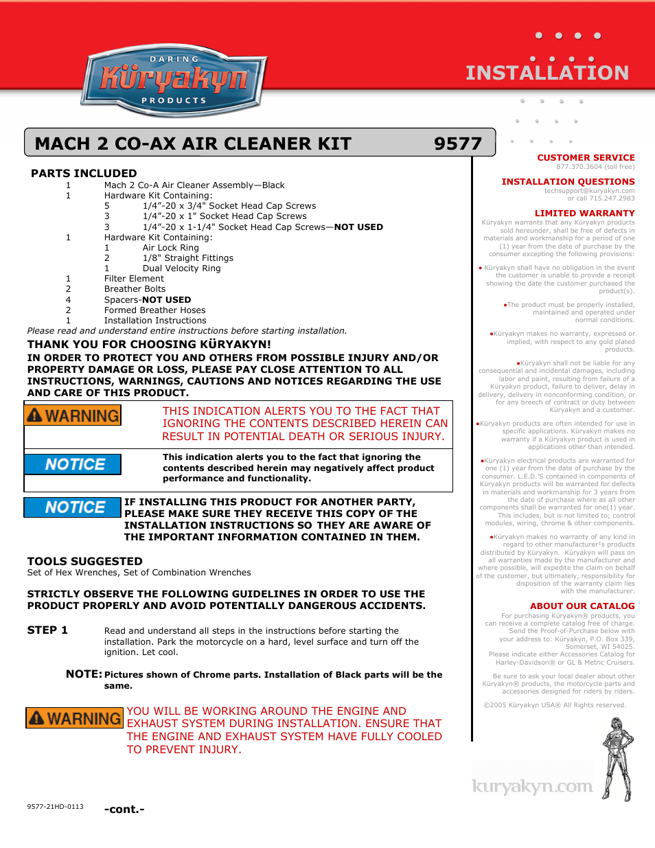 Kuryakyn 9577 MACH 2 CO-AX AIR CLEANER KIT User Manual | 3 pages