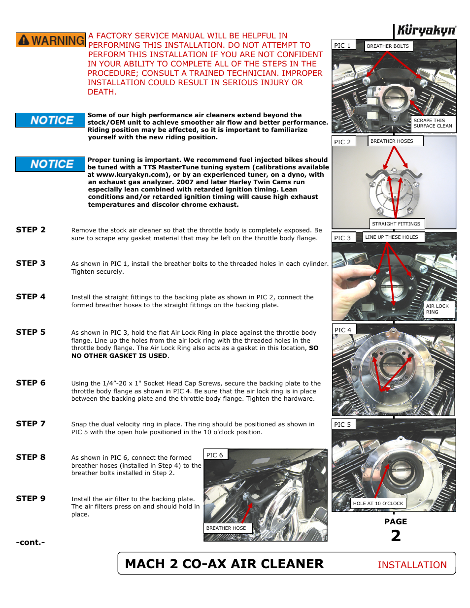 Mach 2 co-ax air cleaner, Installation | Kuryakyn 9577 MACH 2 CO-AX AIR CLEANER KIT User Manual | Page 2 / 3