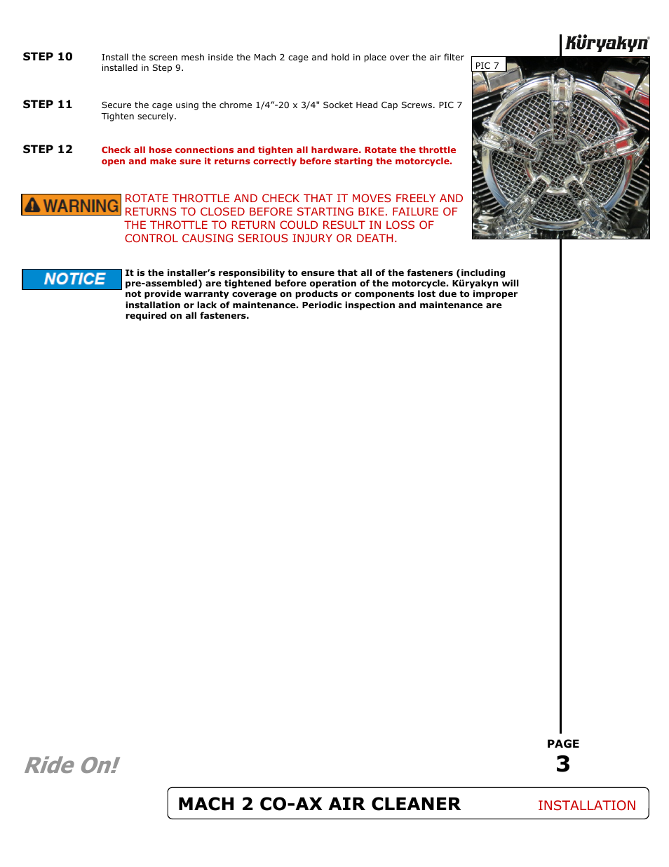 Ride on, Mach 2 co-ax air cleaner, Installation | Kuryakyn 9577 MACH 2 CO-AX AIR CLEANER KIT User Manual | Page 3 / 3