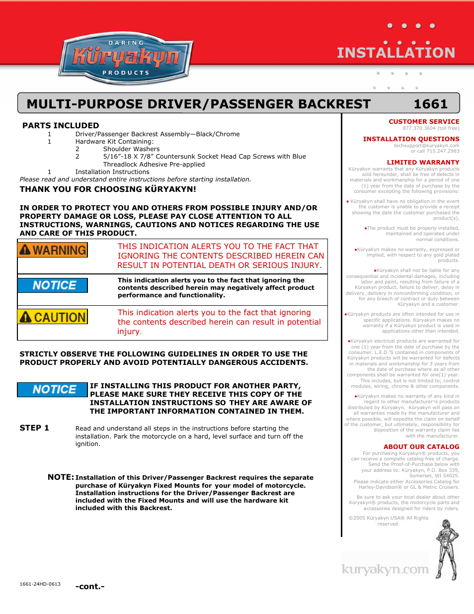 Kuryakyn 1661 MULTI-PURPOSE DRIVER/PASSENGER BACKREST User Manual | 3 pages