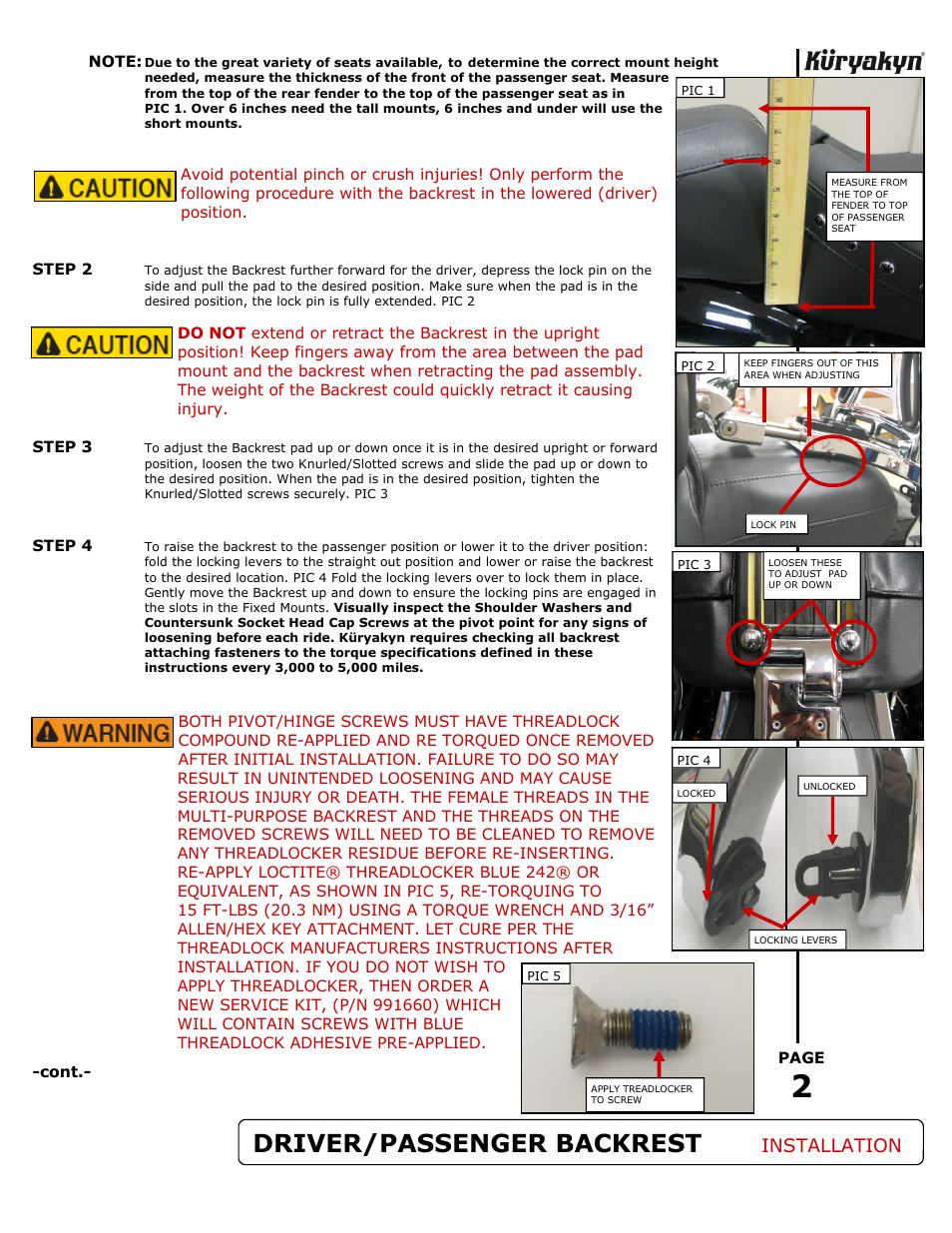 Driver/passenger backrest, Installation | Kuryakyn 1661 MULTI-PURPOSE DRIVER/PASSENGER BACKREST User Manual | Page 2 / 3