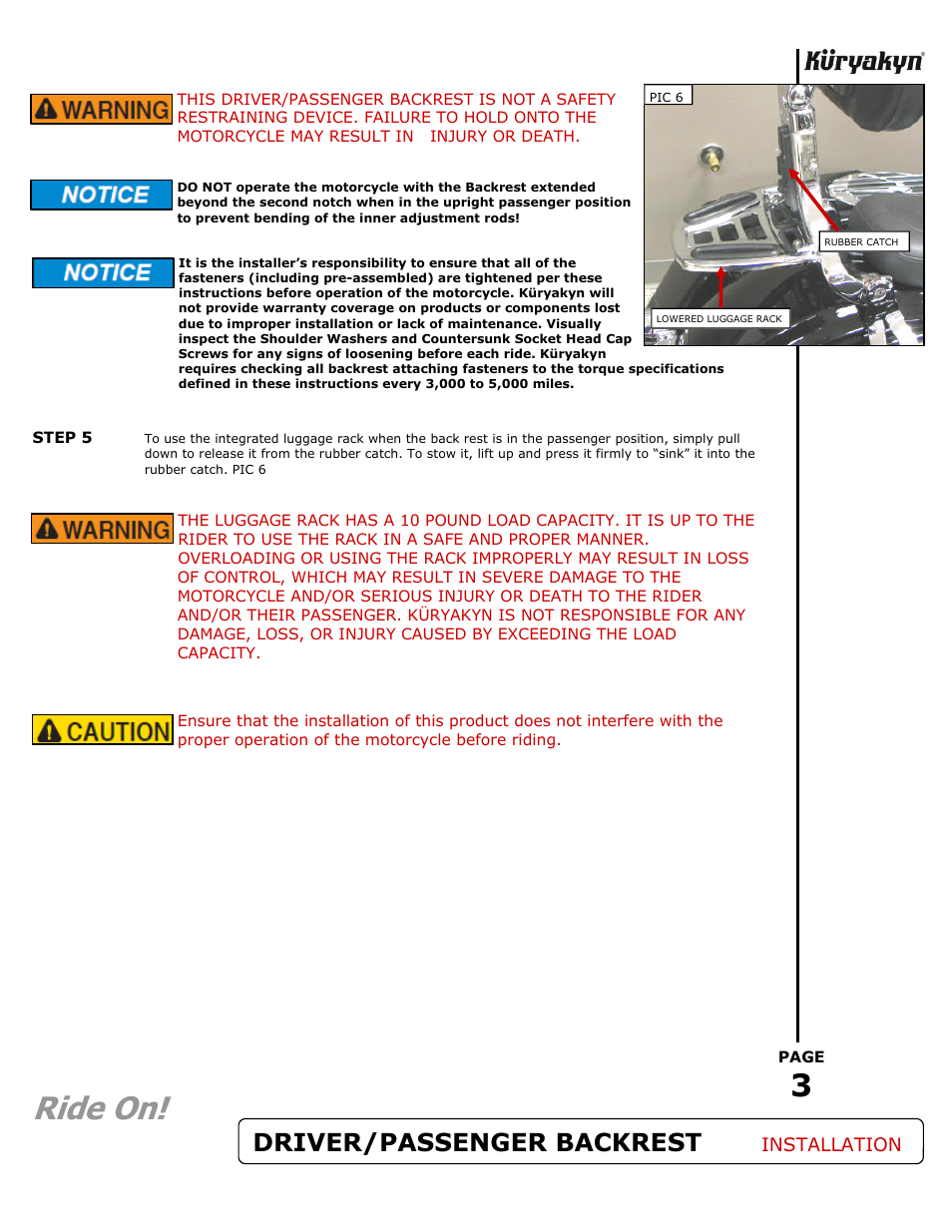 Ride on, Driver/passenger backrest, Installation | Kuryakyn 1661 MULTI-PURPOSE DRIVER/PASSENGER BACKREST User Manual | Page 3 / 3