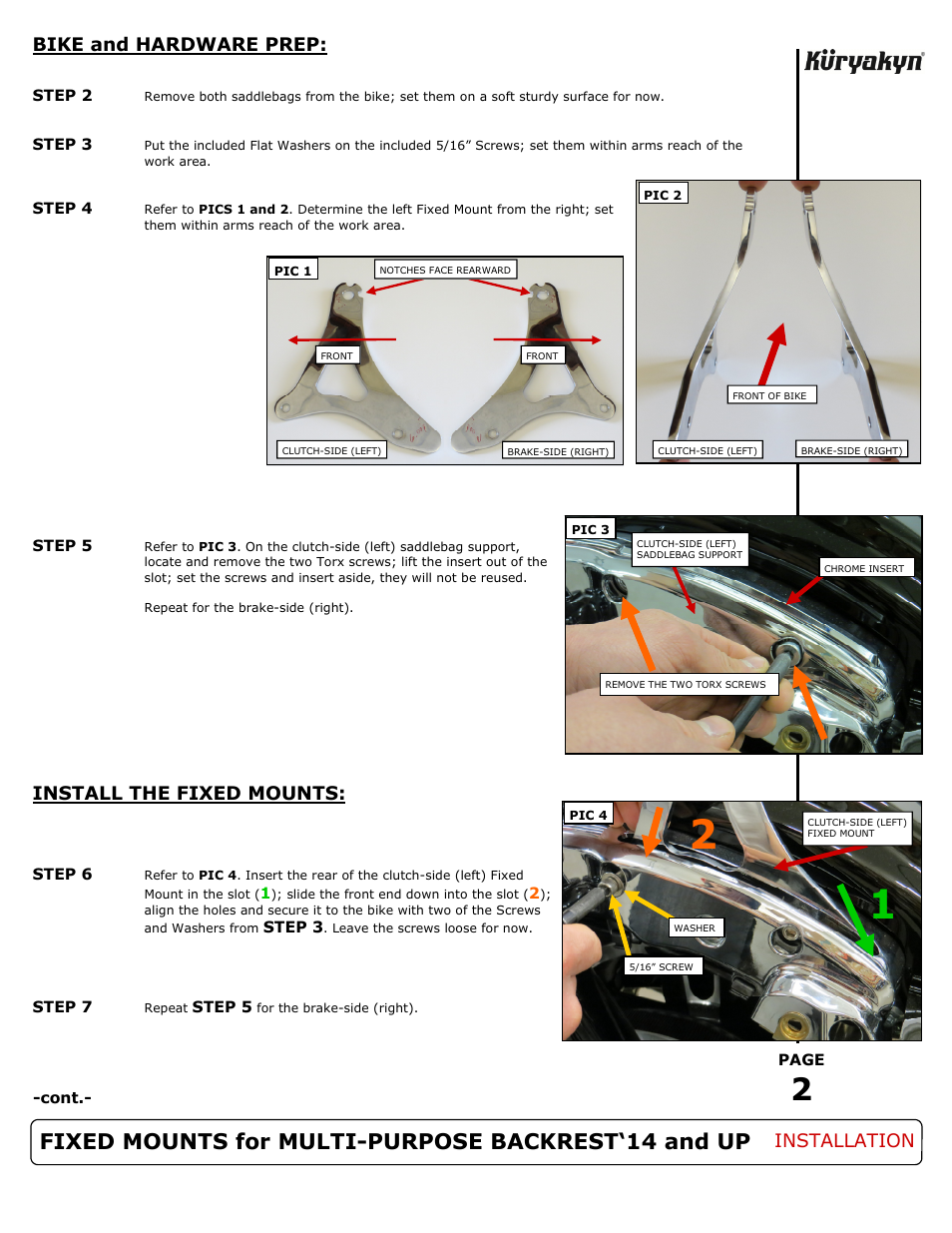 Fixed mounts for multi-purpose backrest‘14 and up, Bike and hardware prep, Install the fixed mounts | Installation | Kuryakyn 1662 FIXED MOUNTS for MULTI-PURPOSE BACKREST — 14 and UP User Manual | Page 2 / 3