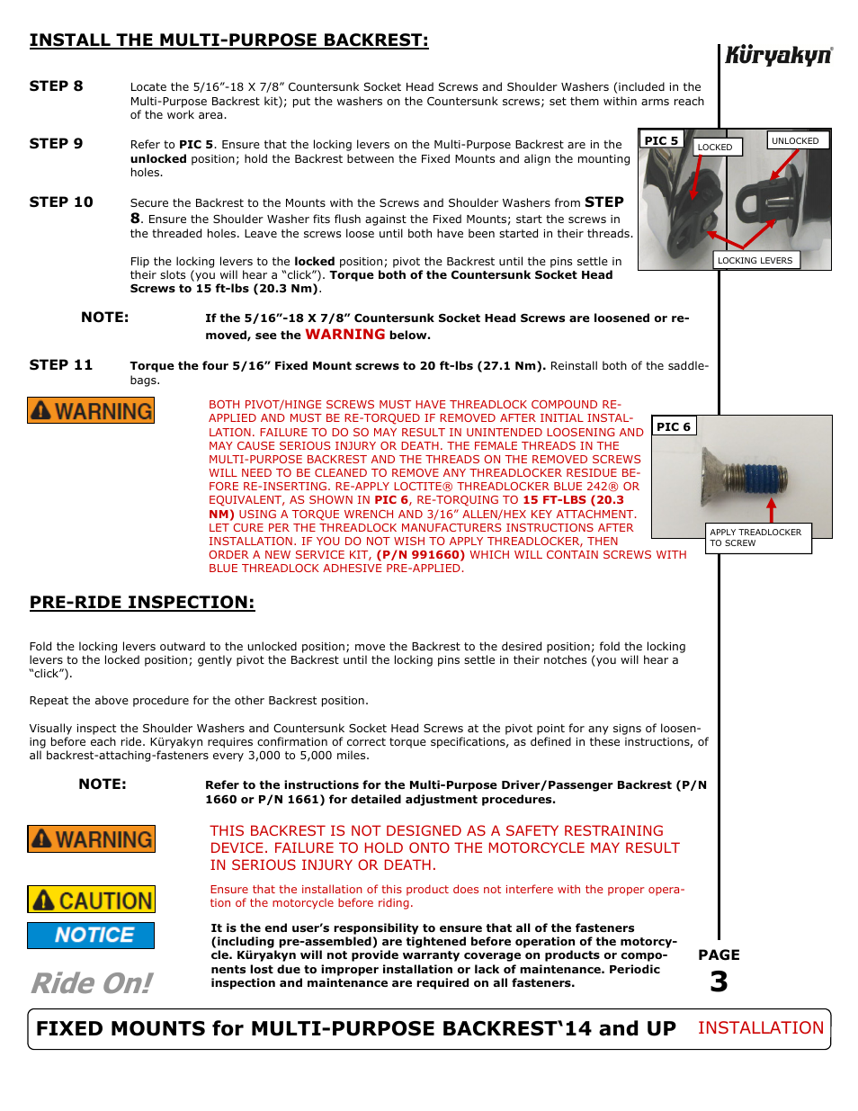 Ride on, Fixed mounts for multi-purpose backrest‘14 and up, Install the multi-purpose backrest | Pre-ride inspection, Installation | Kuryakyn 1662 FIXED MOUNTS for MULTI-PURPOSE BACKREST — 14 and UP User Manual | Page 3 / 3