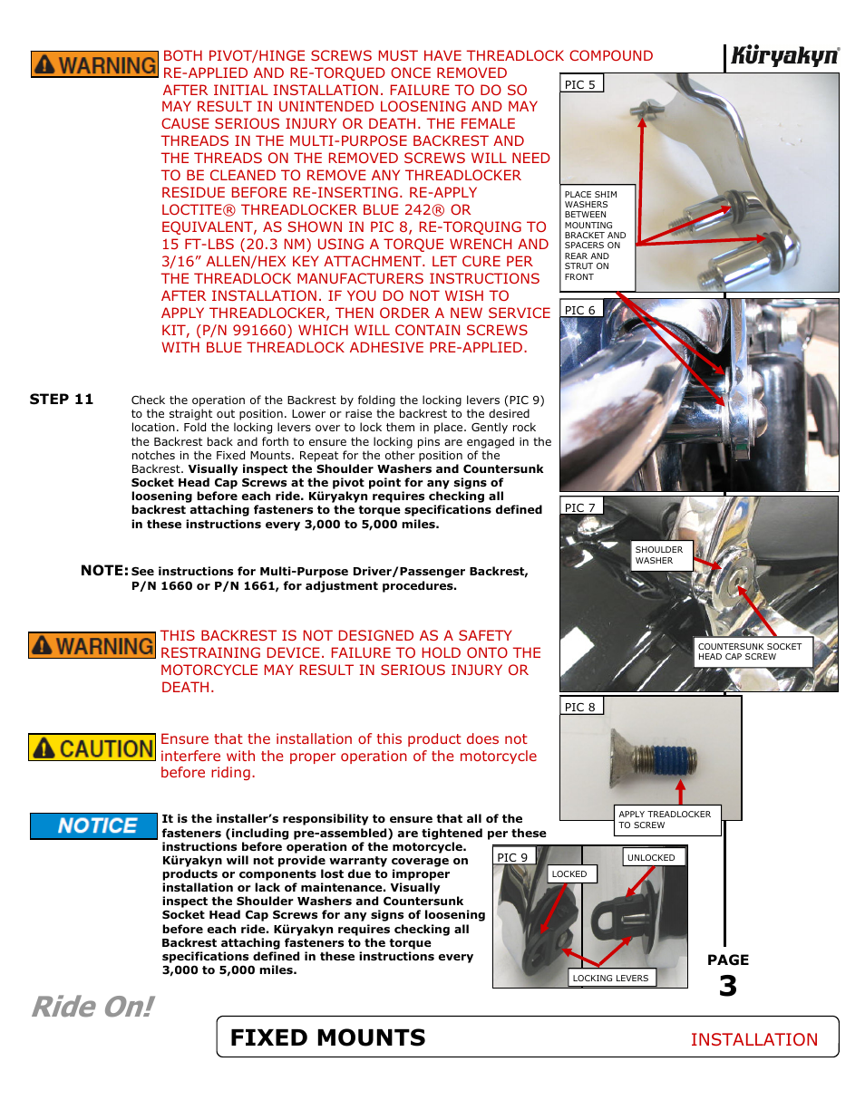 Ride on, Fixed mounts, Installation | Kuryakyn 1663 FIXED MOUNTS FOR MULTI-PURPOSE BACKREST User Manual | Page 3 / 3