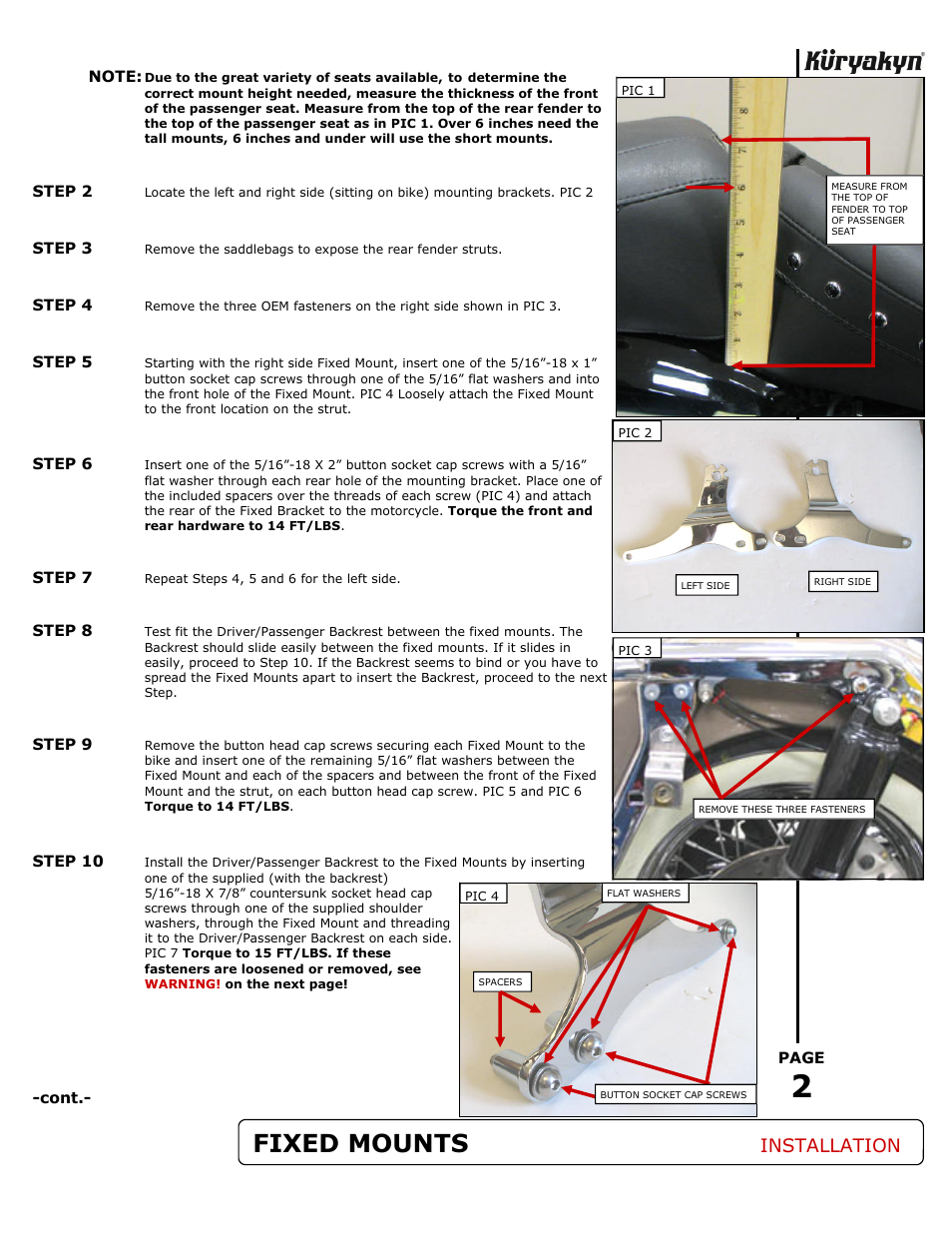 Fixed mounts, Installation | Kuryakyn 1664 FIXED MOUNTS FOR MULTI-PURPOSE BACKREST User Manual | Page 2 / 3