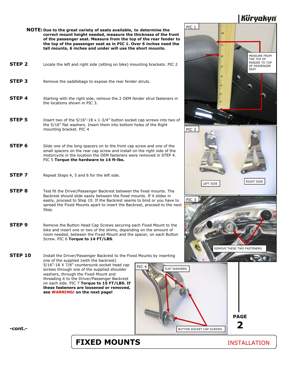 Fixed mounts, Installation | Kuryakyn 1665 FIXED MOUNTS FOR MULTI-PURPOSE BACKREST User Manual | Page 2 / 3