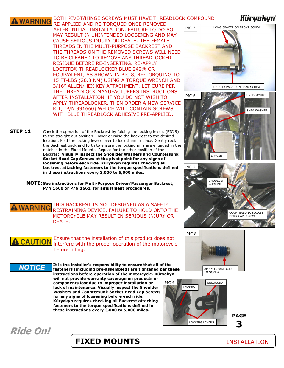Ride on, Fixed mounts, Installation | Kuryakyn 1665 FIXED MOUNTS FOR MULTI-PURPOSE BACKREST User Manual | Page 3 / 3