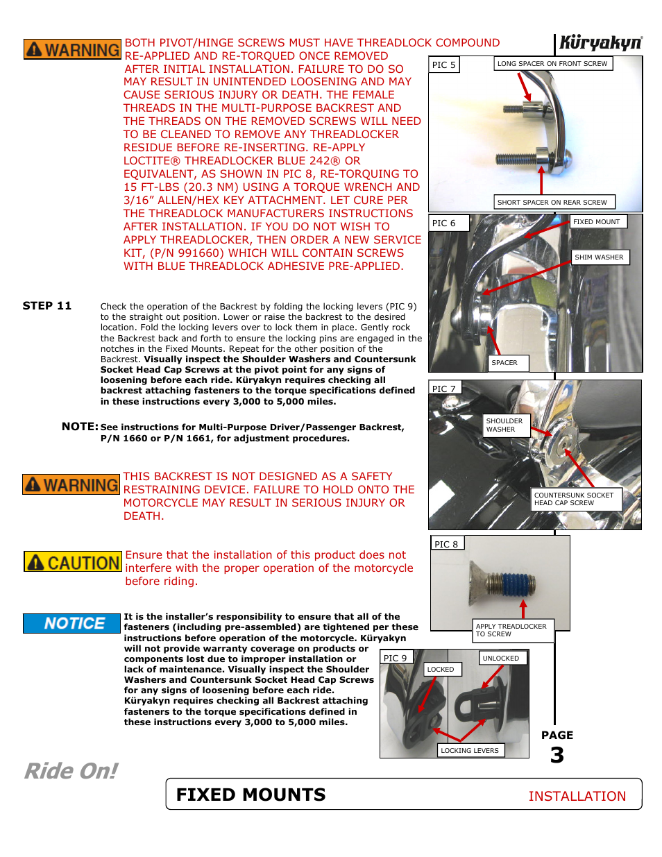 Ride on, Fixed mounts, Installation | Kuryakyn 1666 FIXED MOUNTS FOR MULTI-PURPOSE BACKREST User Manual | Page 3 / 3