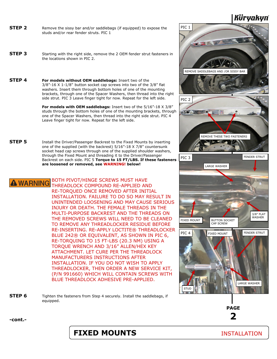 Fixed mounts, Installation | Kuryakyn 1667 FIXED MOUNTS FOR MULTI-PURPOSE BACKREST User Manual | Page 2 / 3