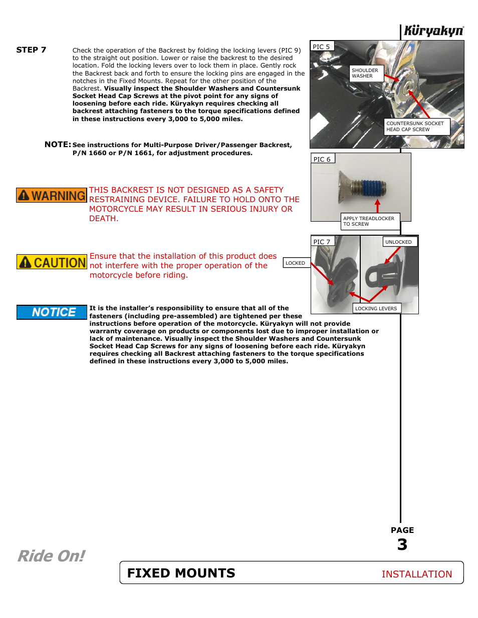Ride on, Fixed mounts, Installation | Kuryakyn 1667 FIXED MOUNTS FOR MULTI-PURPOSE BACKREST User Manual | Page 3 / 3