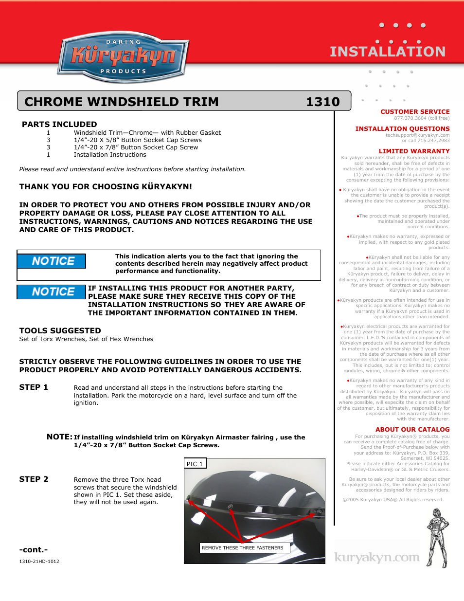Kuryakyn 1310 CHROME WINDSHIELD TRIM User Manual | 2 pages