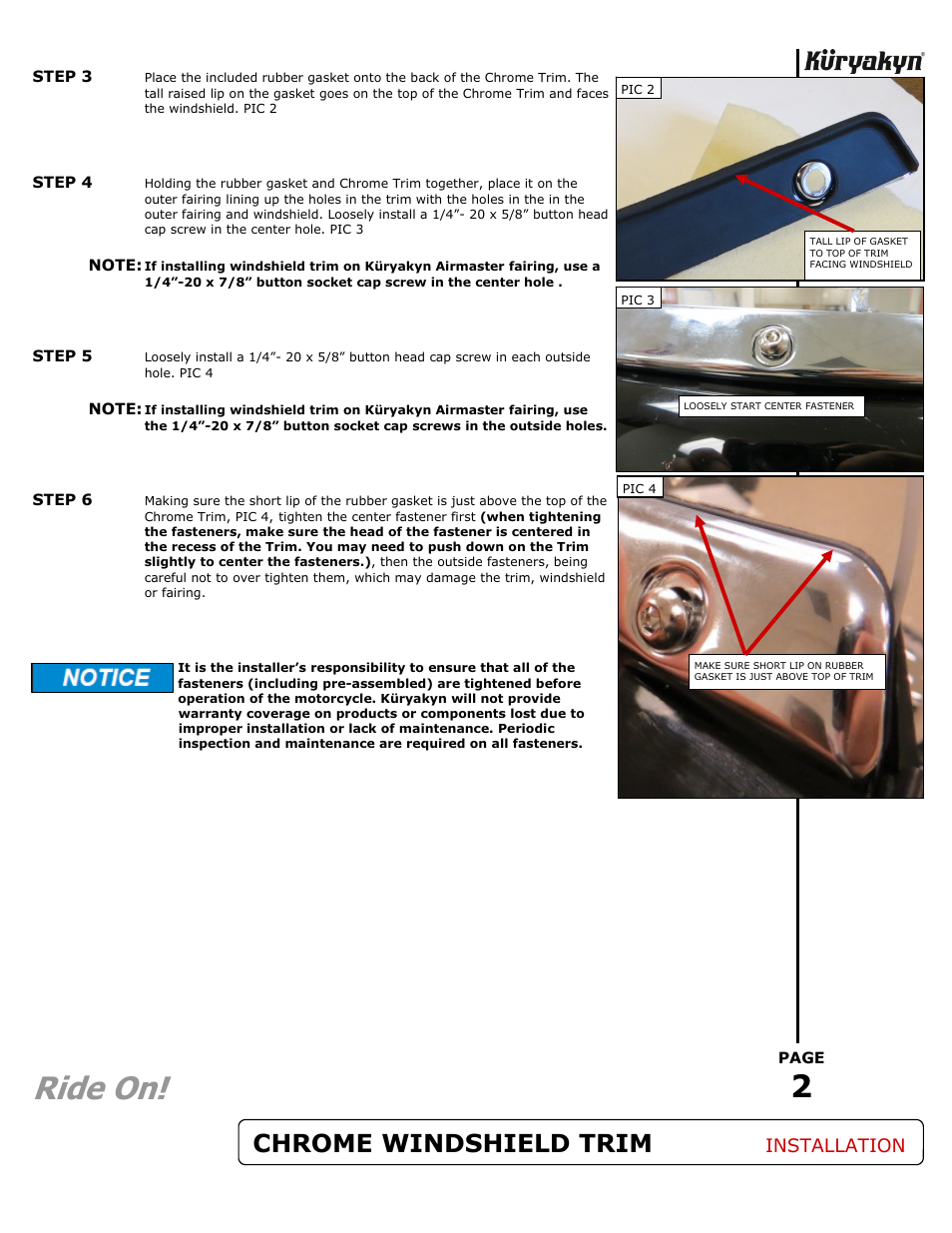 Ride on, Chrome windshield trim, Installation | Kuryakyn 1310 CHROME WINDSHIELD TRIM User Manual | Page 2 / 2